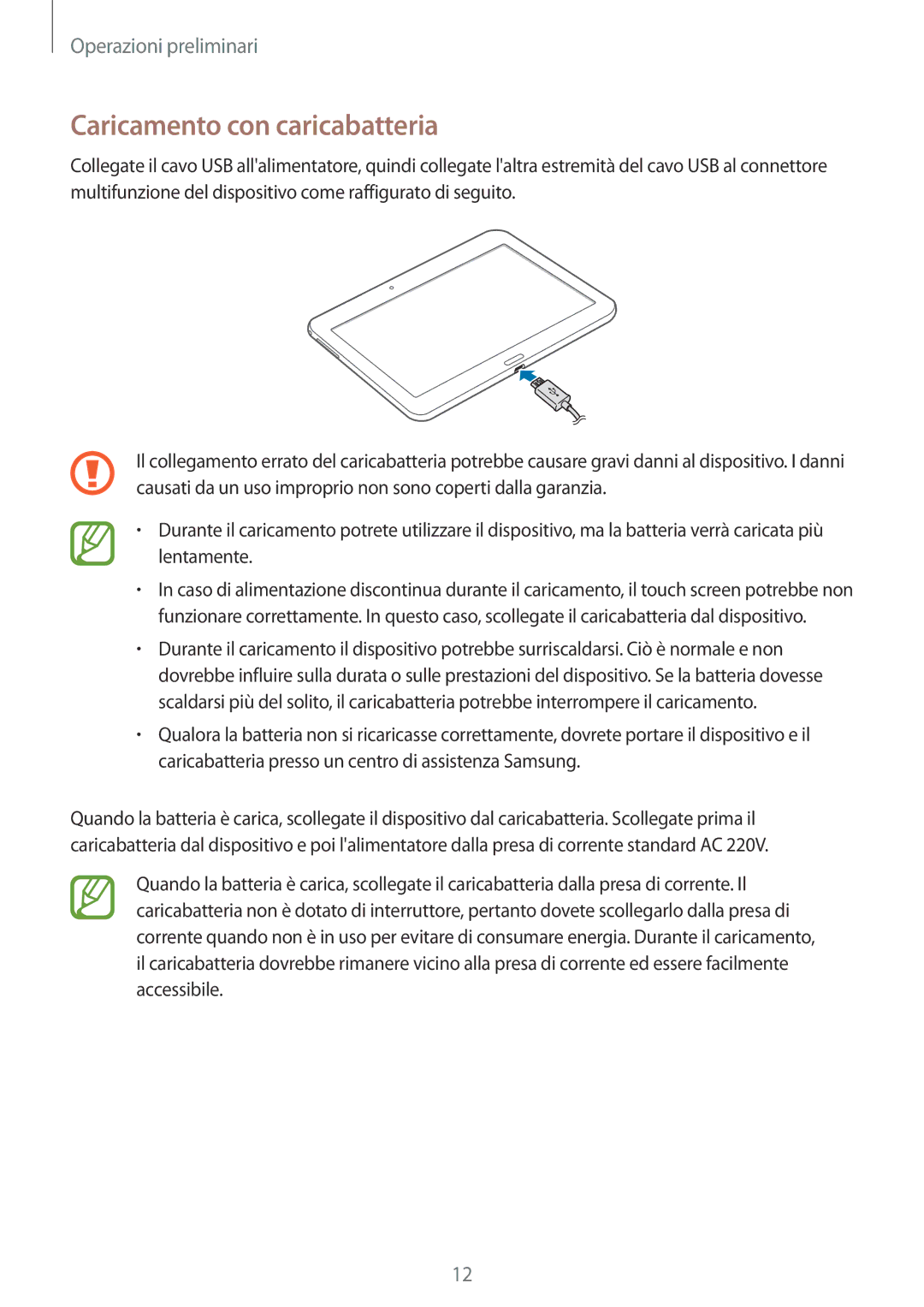 Samsung SM-T535NYKAAUT, SM-T535NZWAWIN, SM-T535NZWAAUT, SM-T535NYKAXEO, SM-T535NZWAOMN manual Caricamento con caricabatteria 