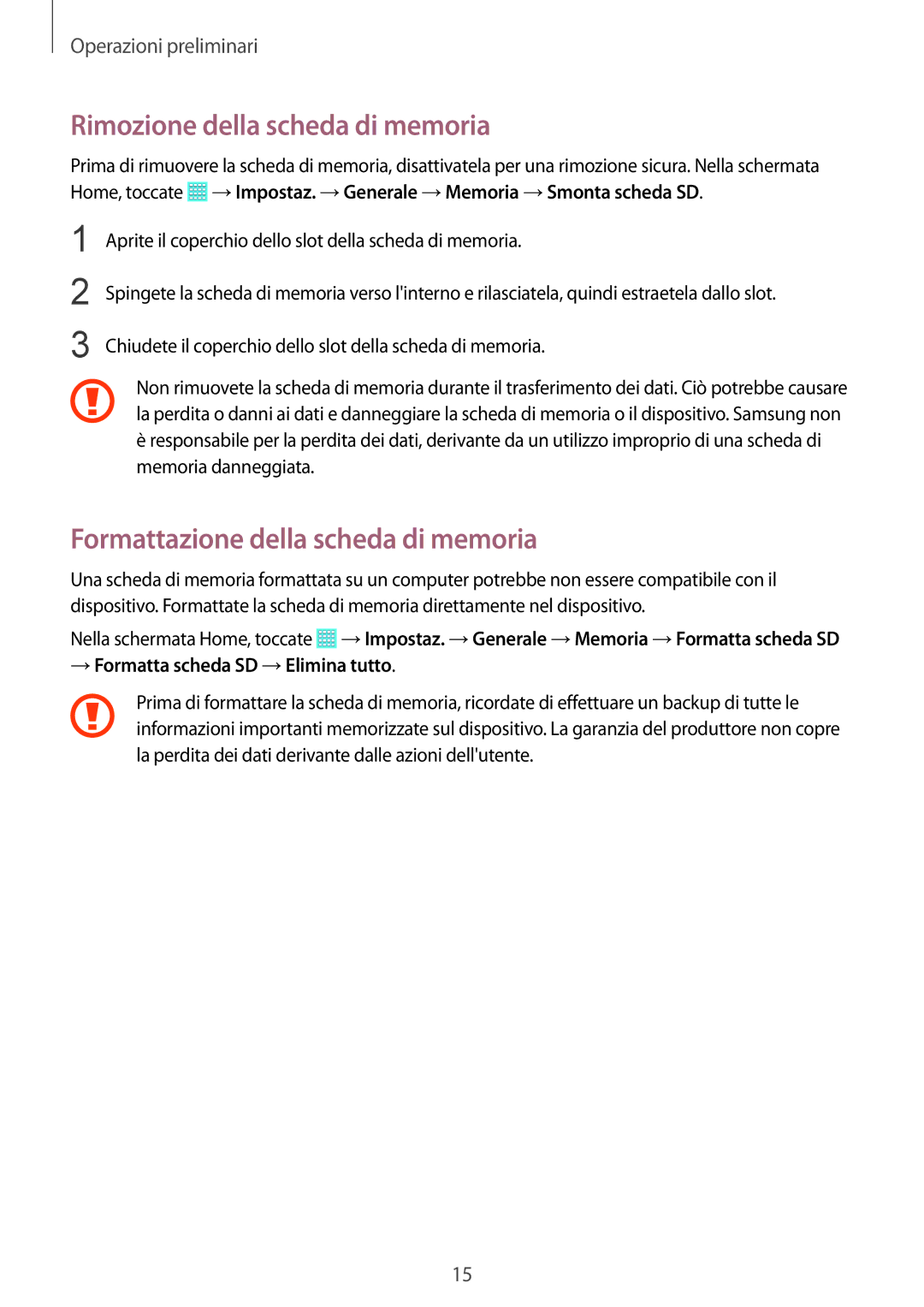 Samsung SM-T535NZWATIM, SM-T535NZWAWIN manual Rimozione della scheda di memoria, Formattazione della scheda di memoria 