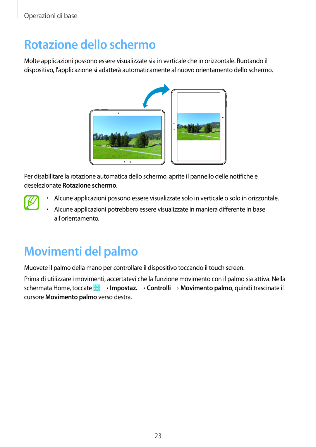 Samsung SM-T535NZWAPRT, SM-T535NZWAWIN, SM-T535NZWAAUT, SM-T535NYKAXEO manual Rotazione dello schermo, Movimenti del palmo 