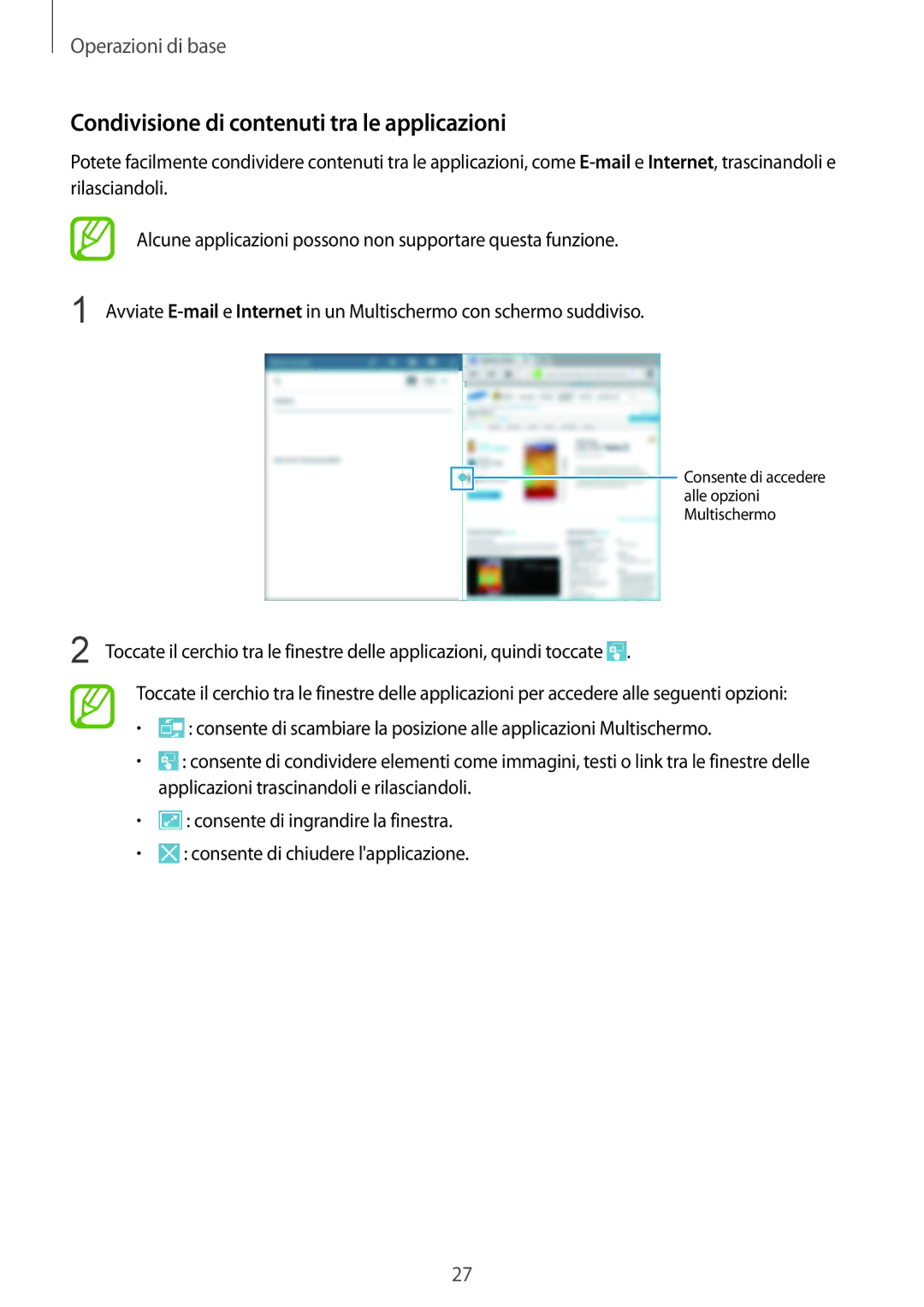 Samsung SM-T535NZWAWIN, SM-T535NZWAAUT, SM-T535NYKAXEO, SM-T535NYKAAUT manual Condivisione di contenuti tra le applicazioni 