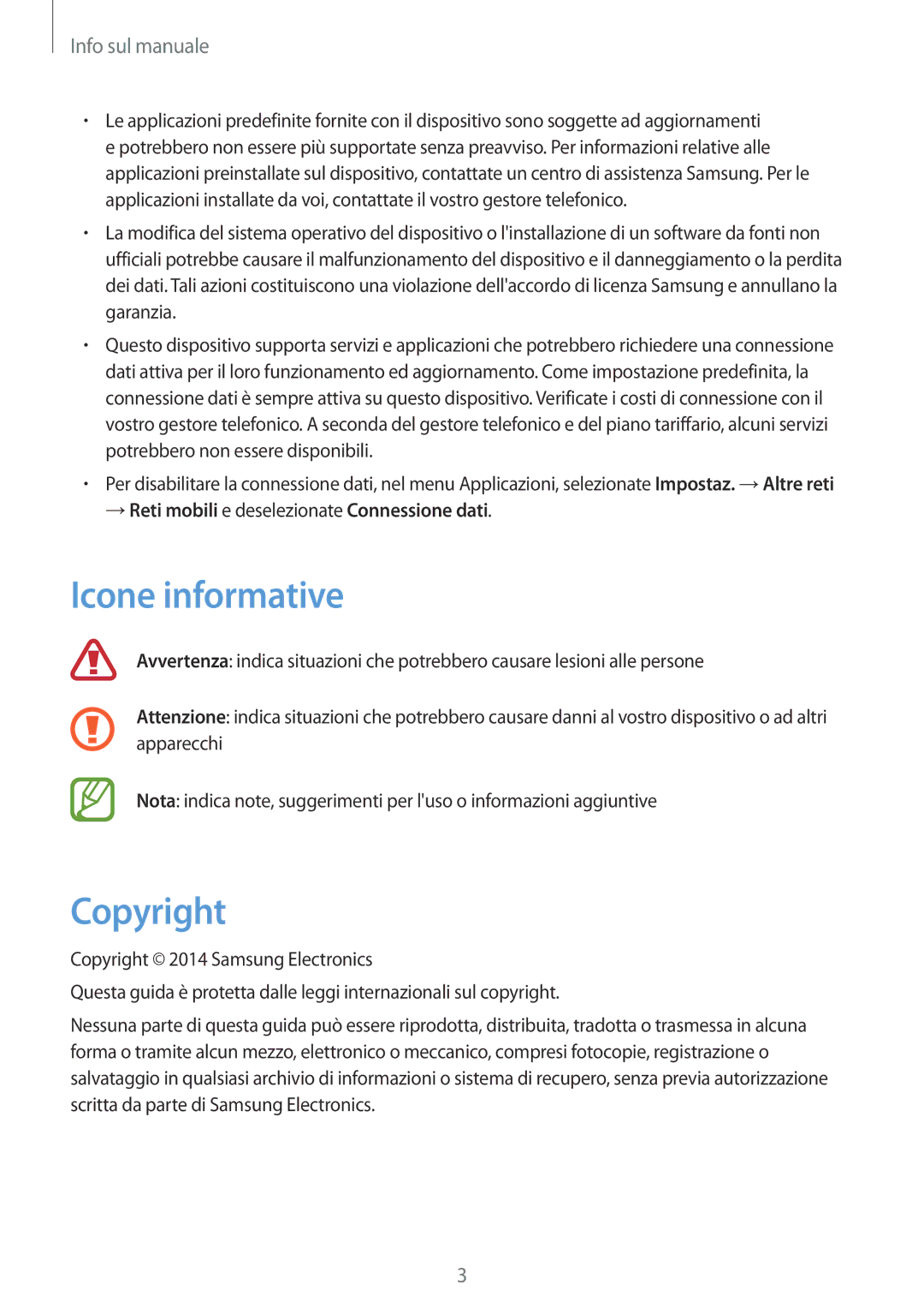 Samsung SM-T535NYKAAUT, SM-T535NZWAWIN manual Icone informative, Copyright, →Reti mobili e deselezionate Connessione dati 