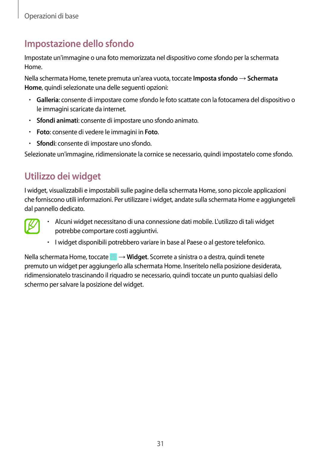 Samsung SM-T535NZWAOMN, SM-T535NZWAWIN, SM-T535NZWAAUT, SM-T535NYKAXEO manual Impostazione dello sfondo, Utilizzo dei widget 