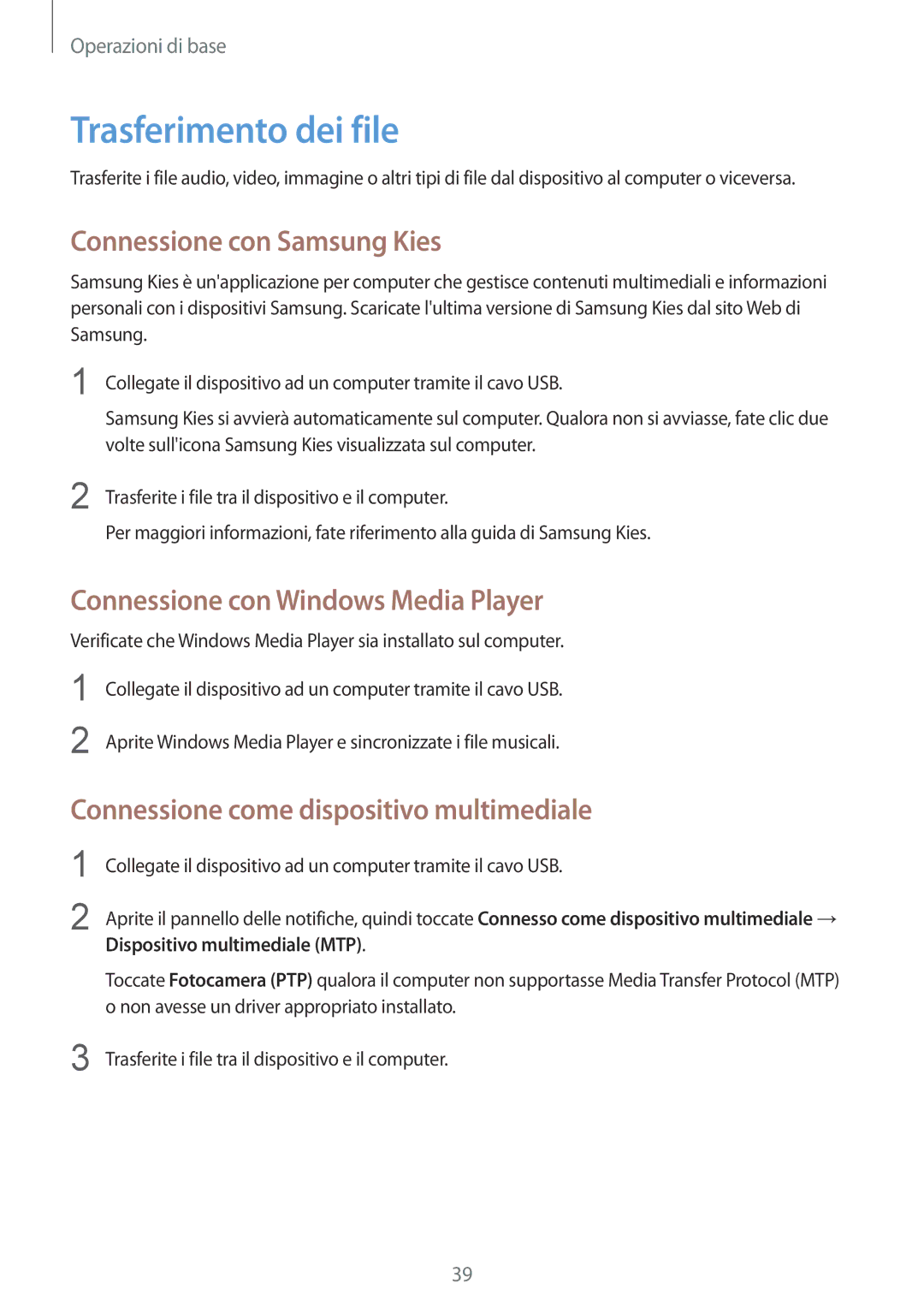 Samsung SM-T535NYKAAUT manual Trasferimento dei file, Connessione con Samsung Kies, Connessione con Windows Media Player 