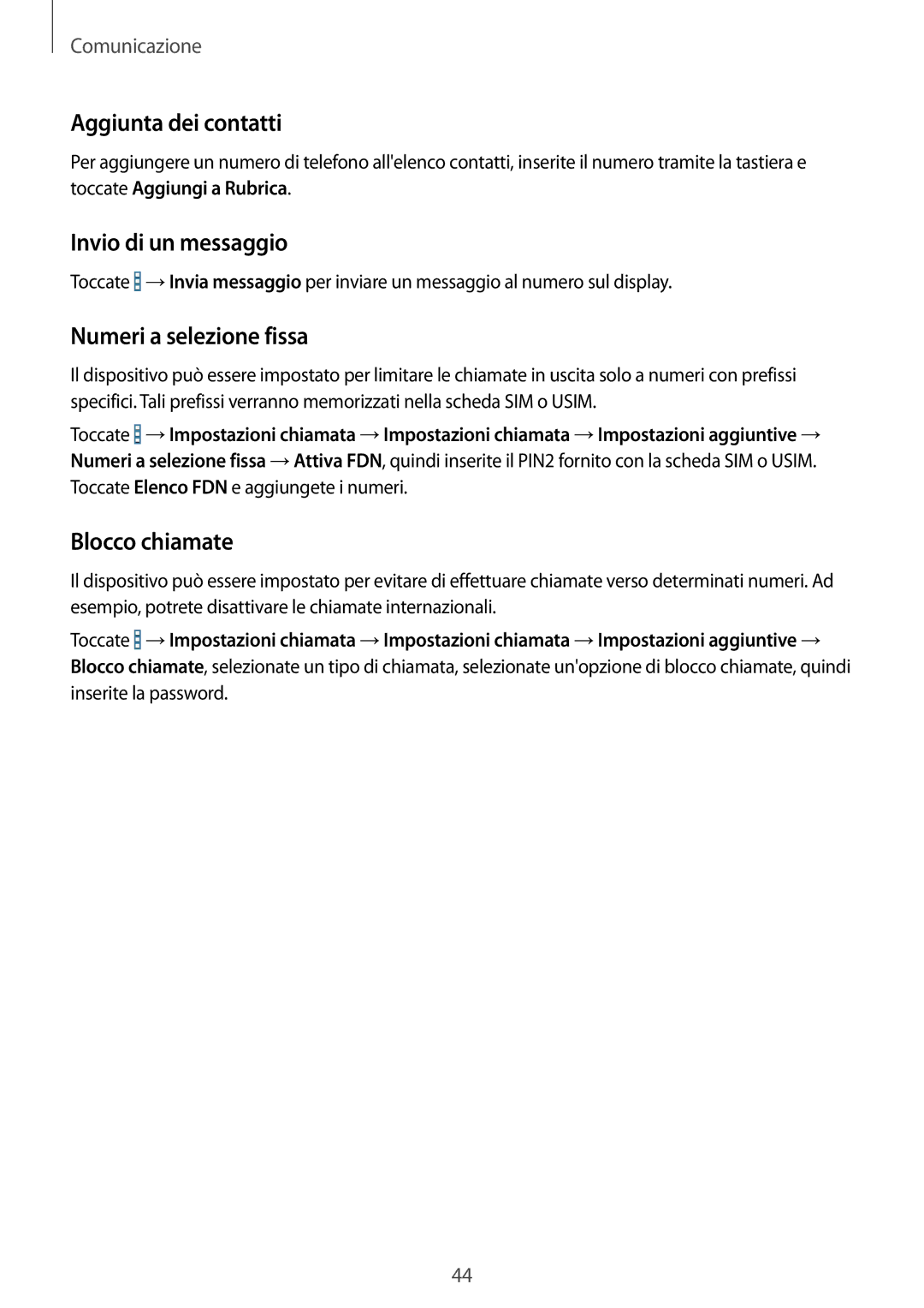 Samsung SM-T535NYKATIM manual Aggiunta dei contatti, Invio di un messaggio, Numeri a selezione fissa, Blocco chiamate 