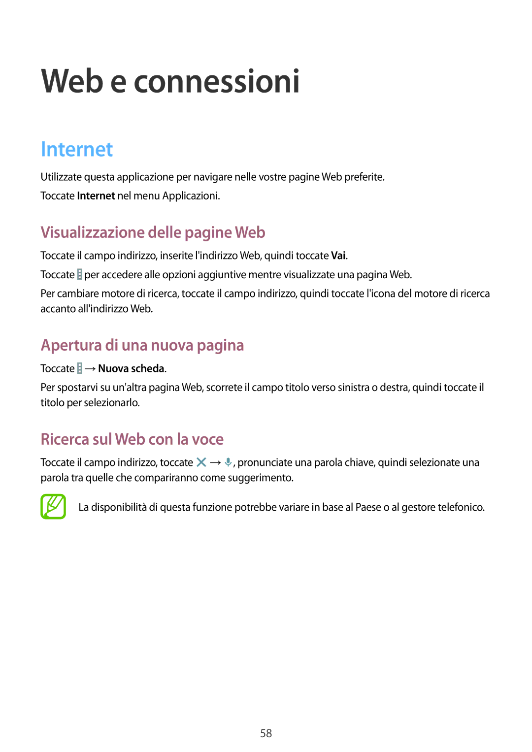 Samsung SM-T535NZWAOMN manual Web e connessioni, Internet, Visualizzazione delle pagine Web, Apertura di una nuova pagina 