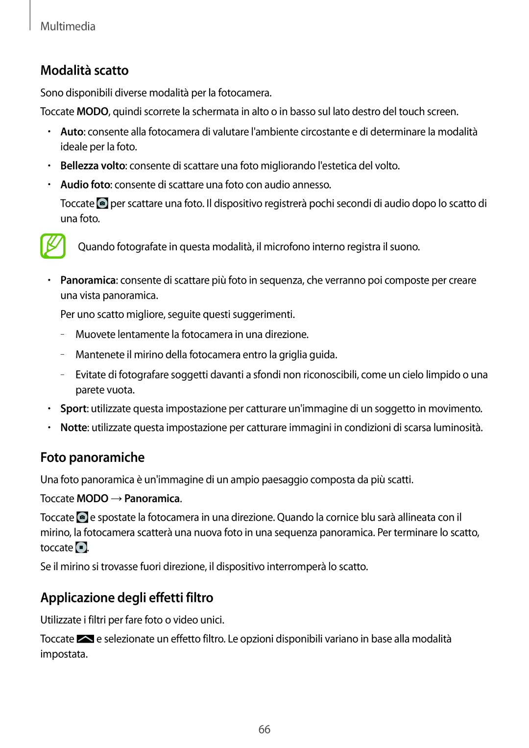 Samsung SM-T535NYKAAUT, SM-T535NZWAWIN, SM-T535NZWAAUT Modalità scatto, Foto panoramiche, Applicazione degli effetti filtro 