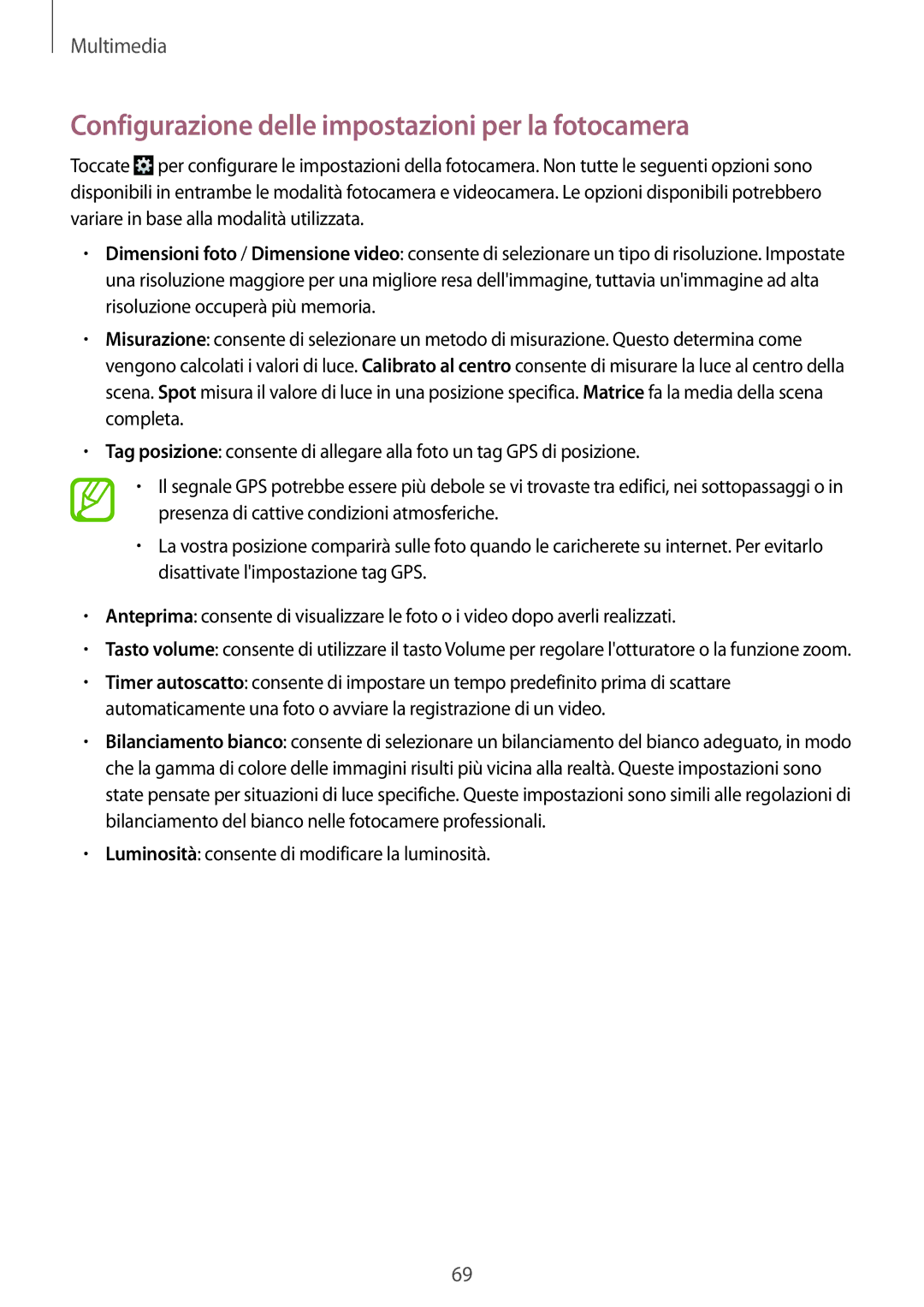 Samsung SM-T535NZWATIM, SM-T535NZWAWIN, SM-T535NZWAAUT, SM-T535NYKAXEO Configurazione delle impostazioni per la fotocamera 