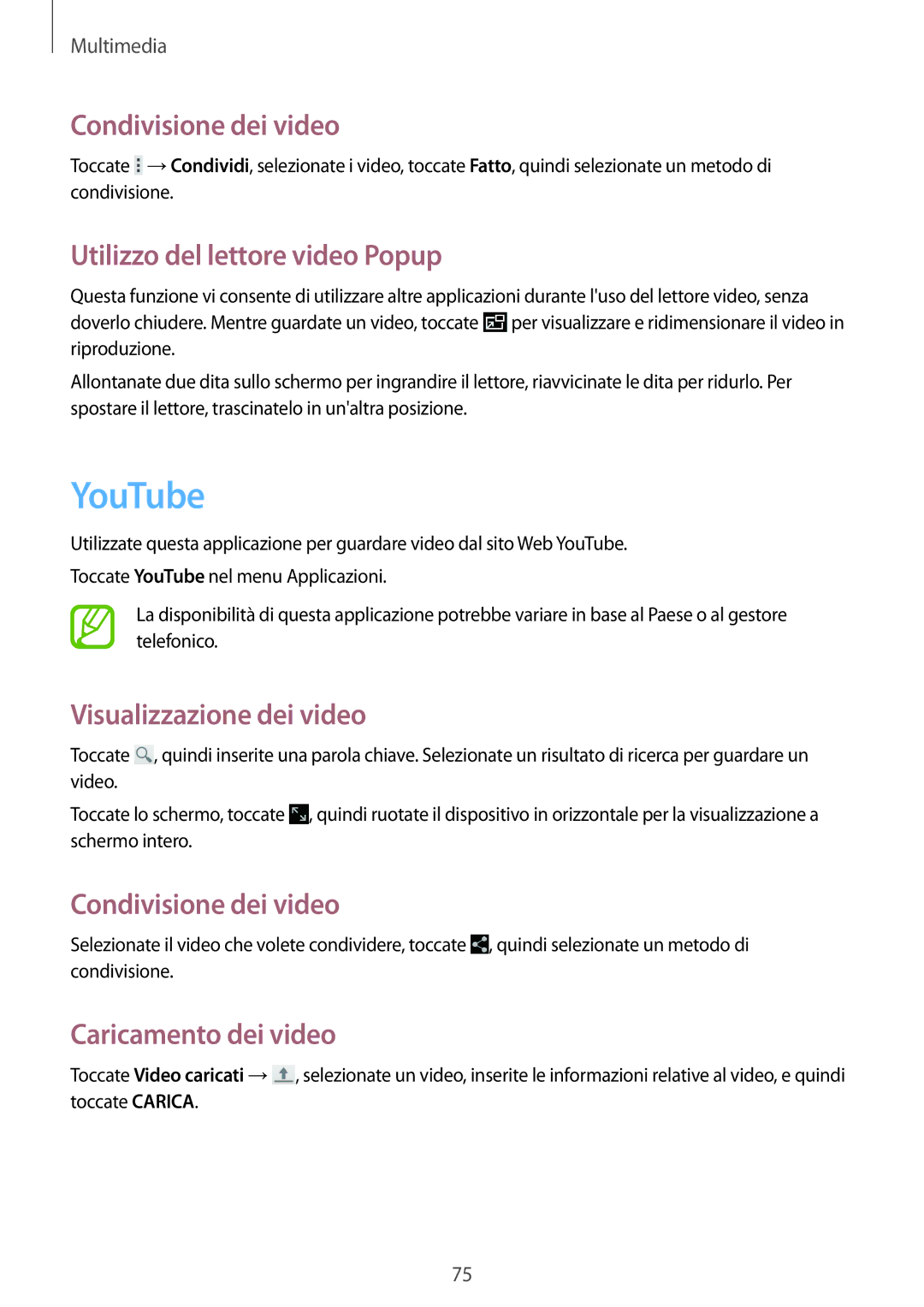 Samsung SM-T535NYKAAUT manual YouTube, Condivisione dei video, Utilizzo del lettore video Popup, Visualizzazione dei video 