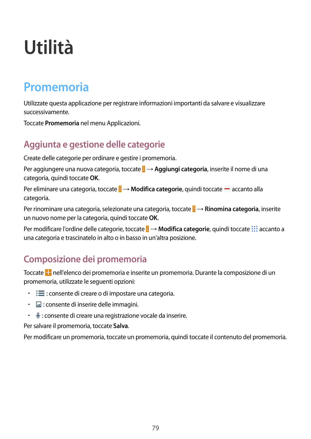 Samsung SM-T535NZWAITV manual Utilità, Promemoria, Aggiunta e gestione delle categorie, Composizione dei promemoria 