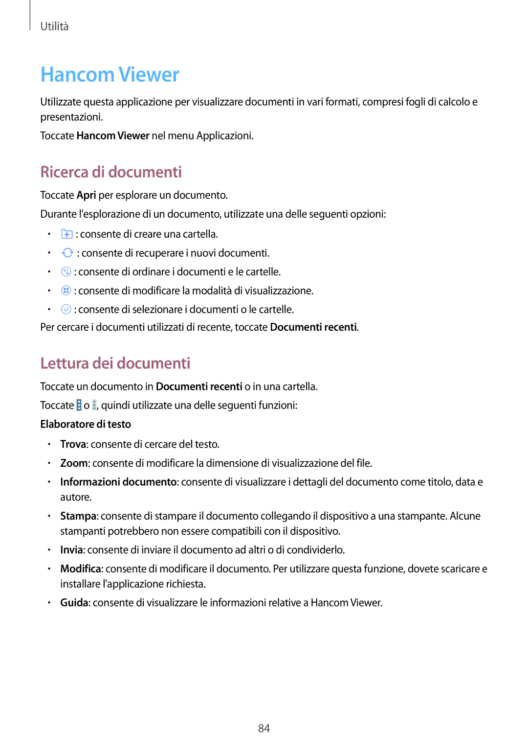 Samsung SM-T535NYKAAUT, SM-T535NZWAWIN Hancom Viewer, Ricerca di documenti, Lettura dei documenti, Elaboratore di testo 