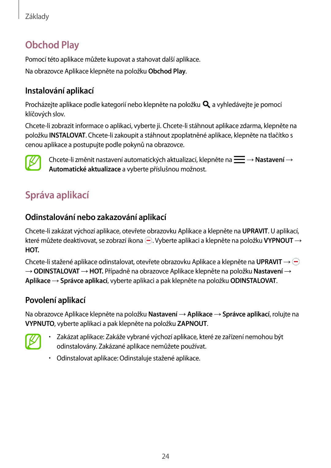 Samsung SM-T550NZKAXEH manual Obchod Play, Správa aplikací, Odinstalování nebo zakazování aplikací, Povolení aplikací 