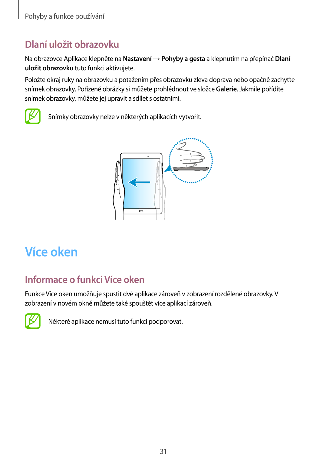 Samsung SM2T550NZWAXEZ, SM-T550NZKAAUT, SM2T550NZKAXEZ manual Dlaní uložit obrazovku, Informace o funkci Více oken 