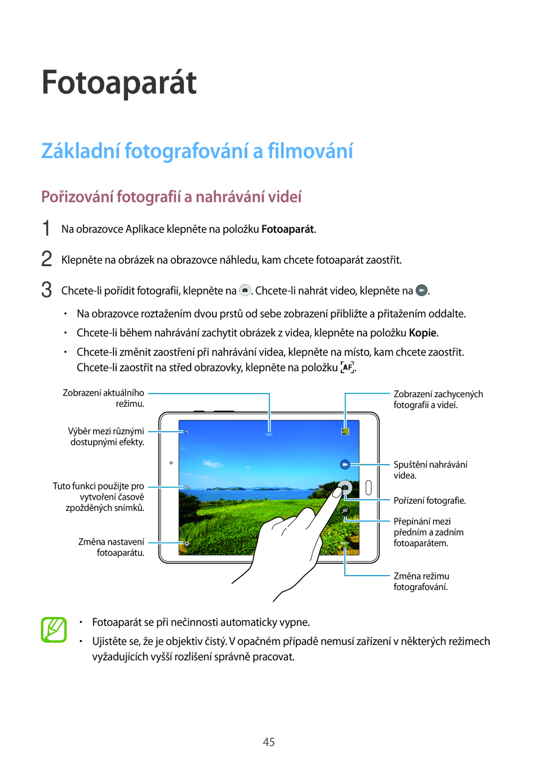 Samsung SM-T550NZKAAUT manual Fotoaparát, Základní fotografování a filmování, Pořizování fotografií a nahrávání videí 