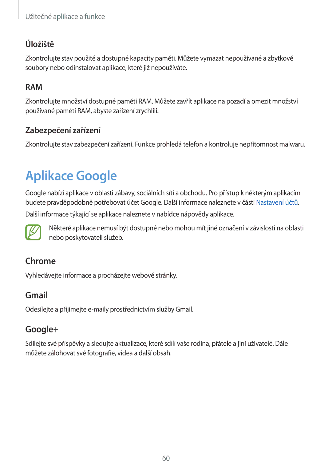 Samsung SM-T550NZKAAUT, SM2T550NZWAXEZ, SM2T550NZKAXEZ, SM-T550NZWAEUR manual Aplikace Google, Úložiště, Zabezpečení zařízení 