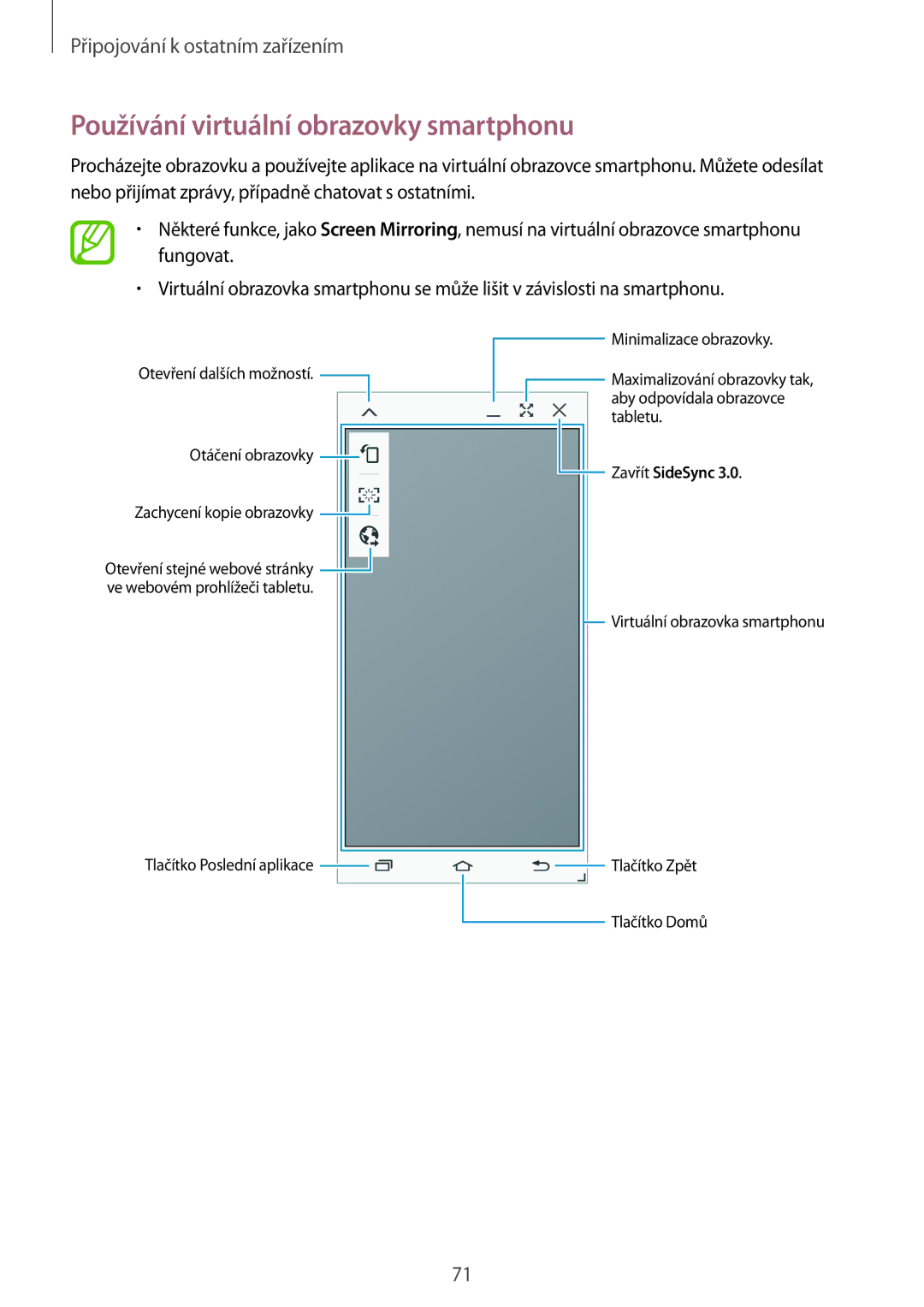 Samsung SM-T550NZWAXEZ, SM-T550NZKAAUT, SM2T550NZWAXEZ, SM2T550NZKAXEZ manual Používání virtuální obrazovky smartphonu 