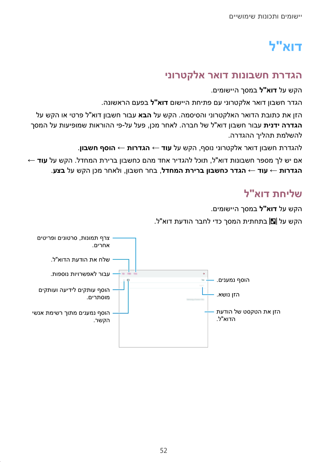 Samsung SM-T550NZKAILO manual ינורטקלא ראוד תונובשח תרדגה, לאוד תחילש 