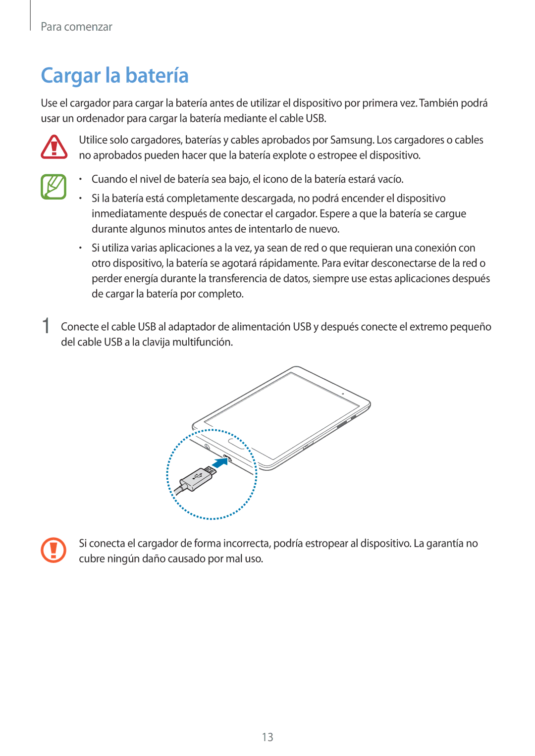 Samsung SM-T550NZWAPHE, SM-T550NZKAPHE, SM-P550NZWAPHE manual Cargar la batería 