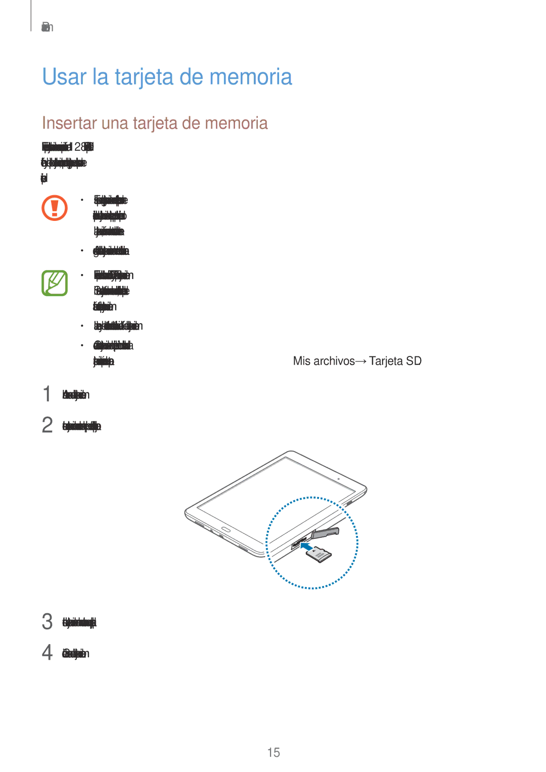 Samsung SM-T550NZKAPHE, SM-T550NZWAPHE, SM-P550NZWAPHE manual Usar la tarjeta de memoria, Insertar una tarjeta de memoria 