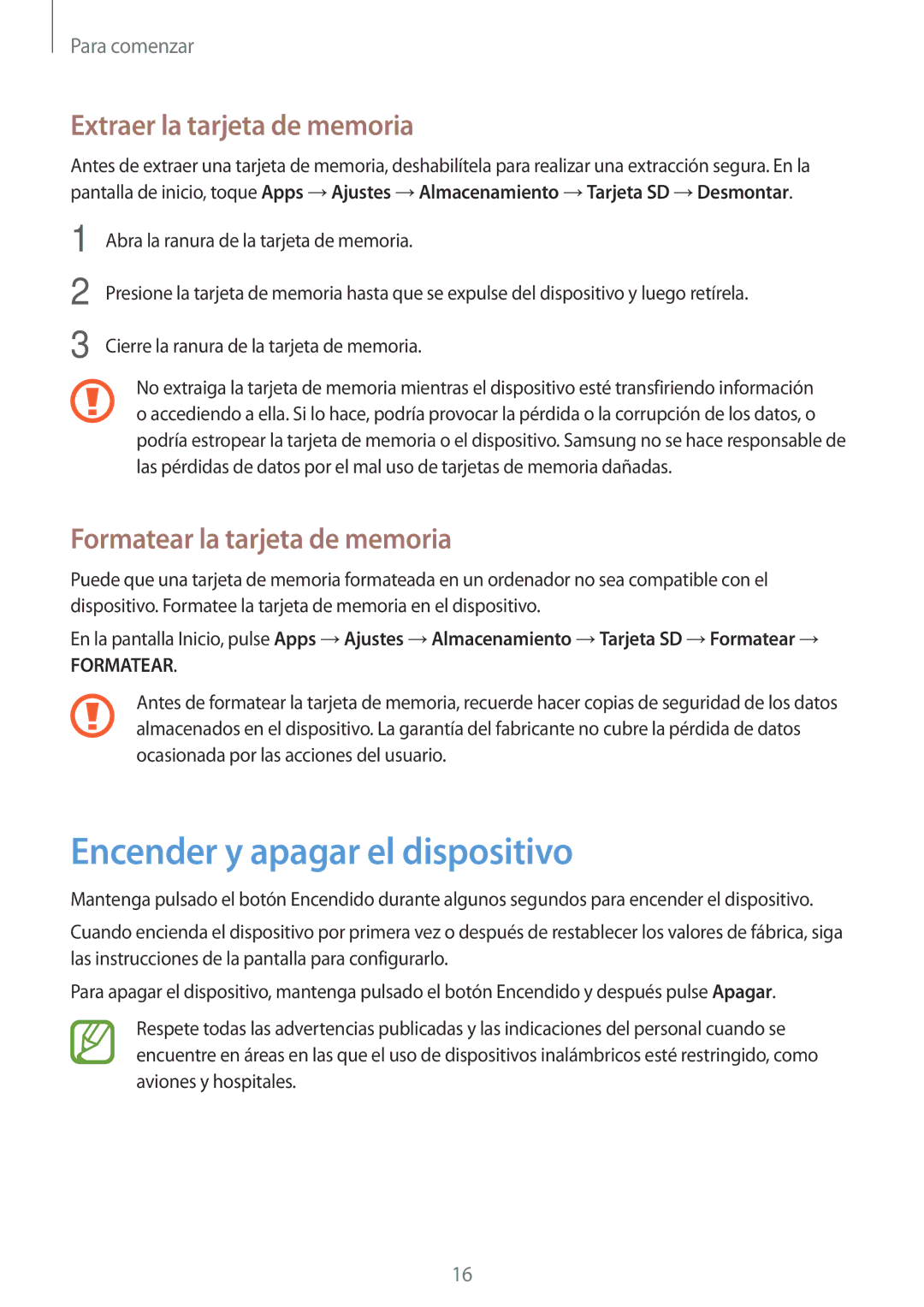 Samsung SM-T550NZWAPHE Encender y apagar el dispositivo, Extraer la tarjeta de memoria, Formatear la tarjeta de memoria 