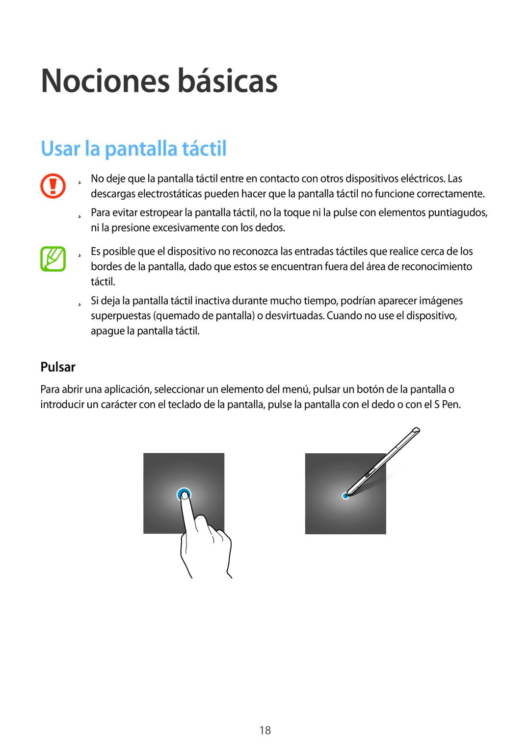 Samsung SM-T550NZKAPHE, SM-T550NZWAPHE, SM-P550NZWAPHE manual Nociones básicas, Usar la pantalla táctil, Pulsar 