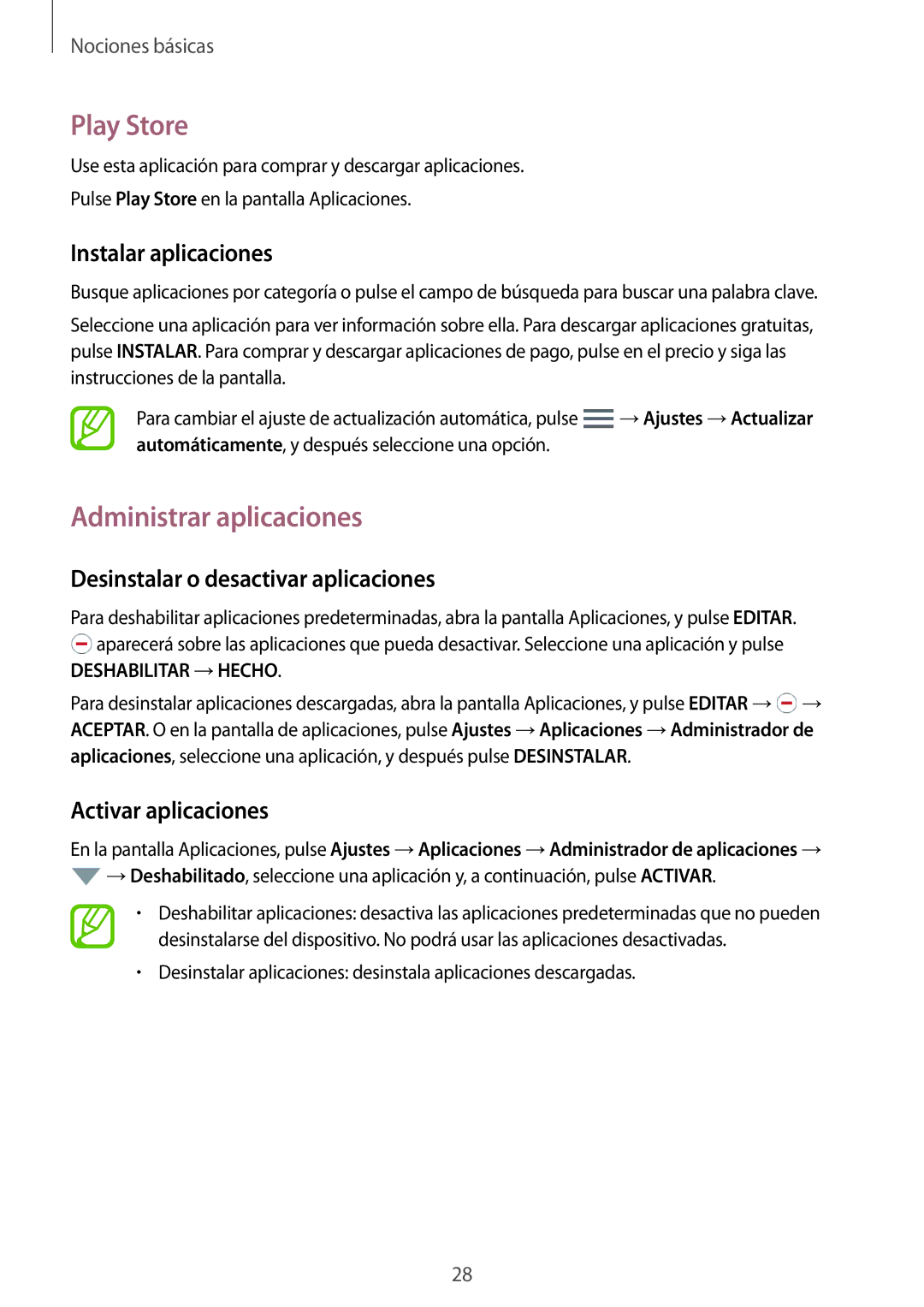 Samsung SM-T550NZWAPHE Play Store, Administrar aplicaciones, Desinstalar o desactivar aplicaciones, Activar aplicaciones 