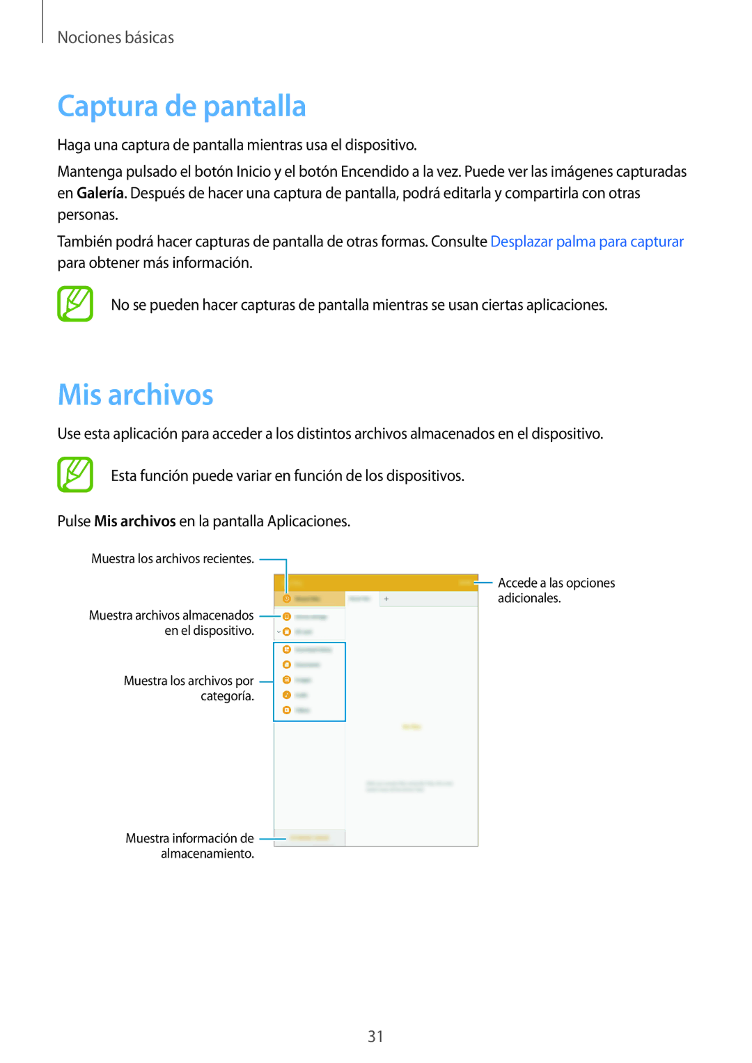Samsung SM-T550NZWAPHE, SM-T550NZKAPHE, SM-P550NZWAPHE manual Captura de pantalla, Mis archivos 