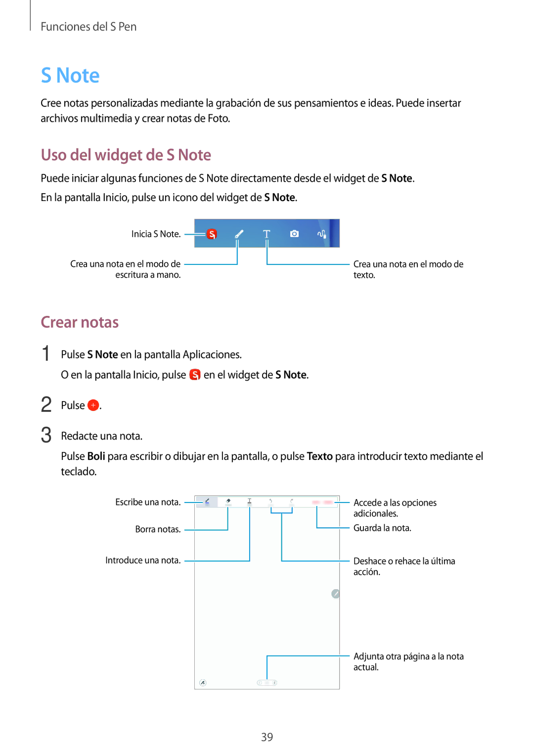 Samsung SM-T550NZKAPHE, SM-T550NZWAPHE, SM-P550NZWAPHE manual Uso del widget de S Note, Crear notas 