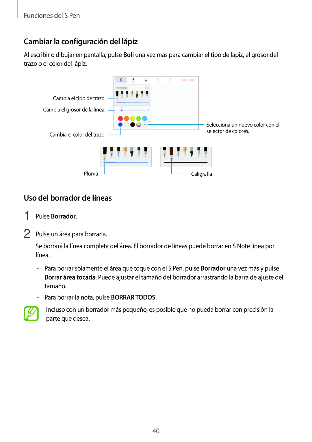 Samsung SM-T550NZWAPHE, SM-T550NZKAPHE manual Cambiar la configuración del lápiz, Uso del borrador de líneas, Pulse Borrador 