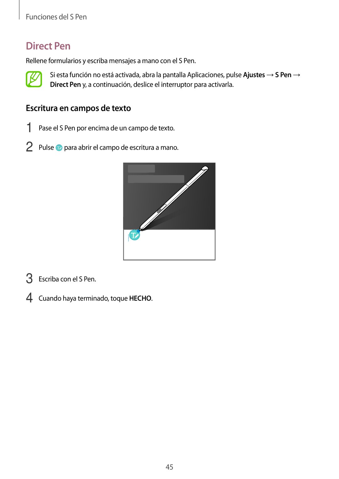 Samsung SM-T550NZKAPHE, SM-T550NZWAPHE, SM-P550NZWAPHE manual Direct Pen, Escritura en campos de texto 