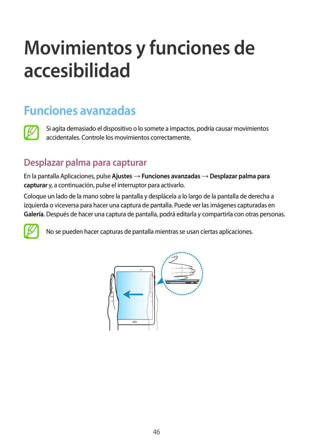 Samsung SM-T550NZWAPHE, SM-T550NZKAPHE, SM-P550NZWAPHE manual Funciones avanzadas, Desplazar palma para capturar 