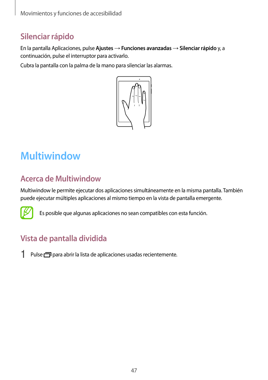 Samsung SM-P550NZWAPHE, SM-T550NZKAPHE manual Silenciar rápido, Acerca de Multiwindow, Vista de pantalla dividida 