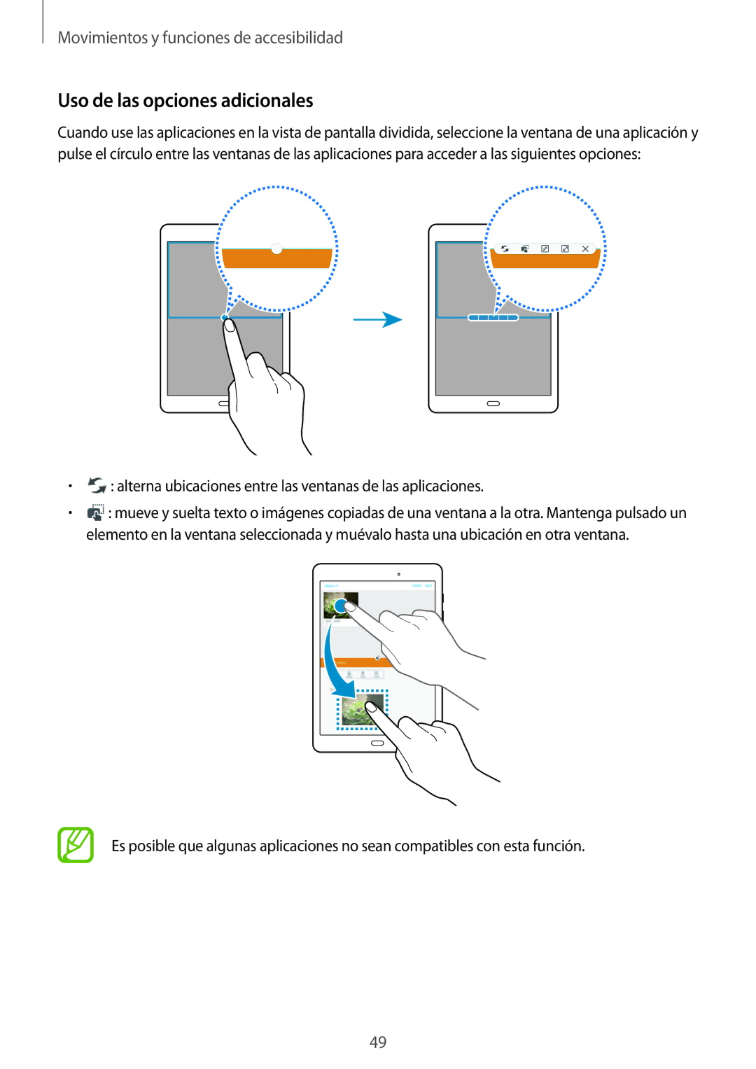 Samsung SM-T550NZWAPHE manual Uso de las opciones adicionales, Alterna ubicaciones entre las ventanas de las aplicaciones 