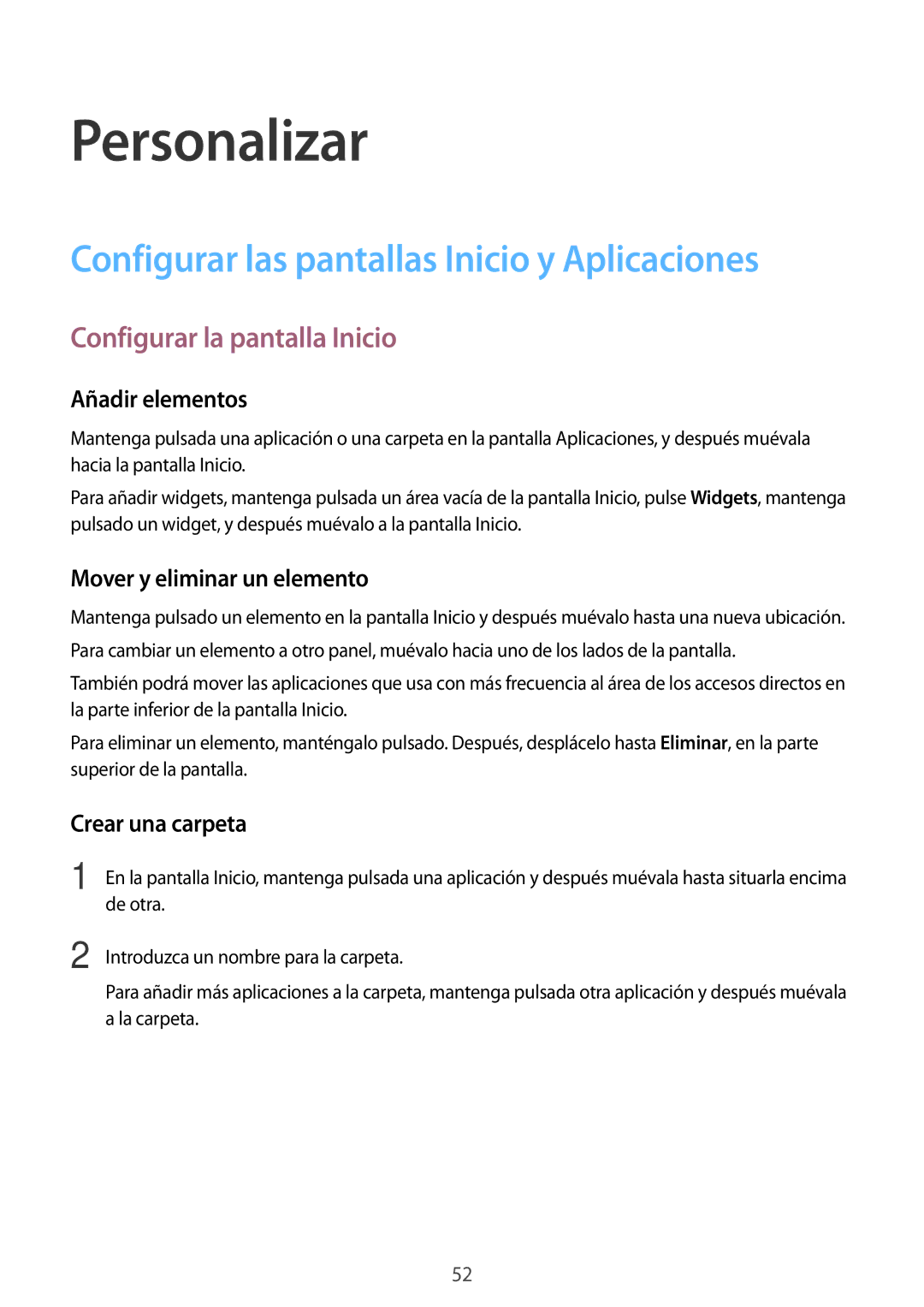 Samsung SM-T550NZWAPHE manual Personalizar, Configurar las pantallas Inicio y Aplicaciones, Configurar la pantalla Inicio 