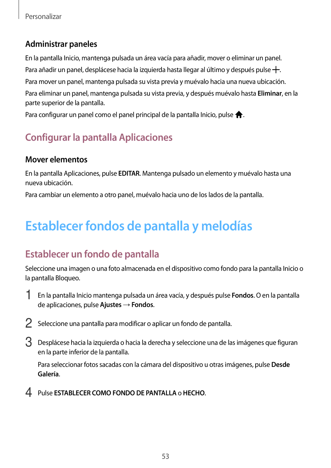 Samsung SM-P550NZWAPHE Establecer fondos de pantalla y melodías, Configurar la pantalla Aplicaciones, Administrar paneles 