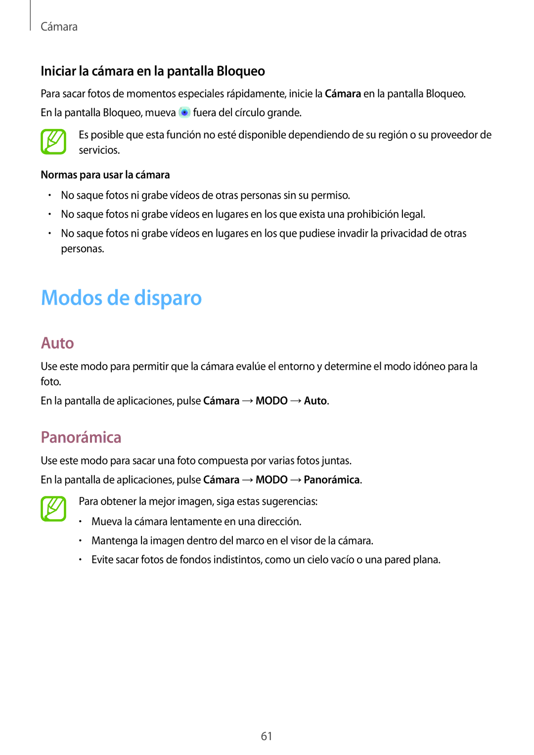 Samsung SM-T550NZWAPHE, SM-T550NZKAPHE manual Modos de disparo, Auto, Panorámica, Iniciar la cámara en la pantalla Bloqueo 
