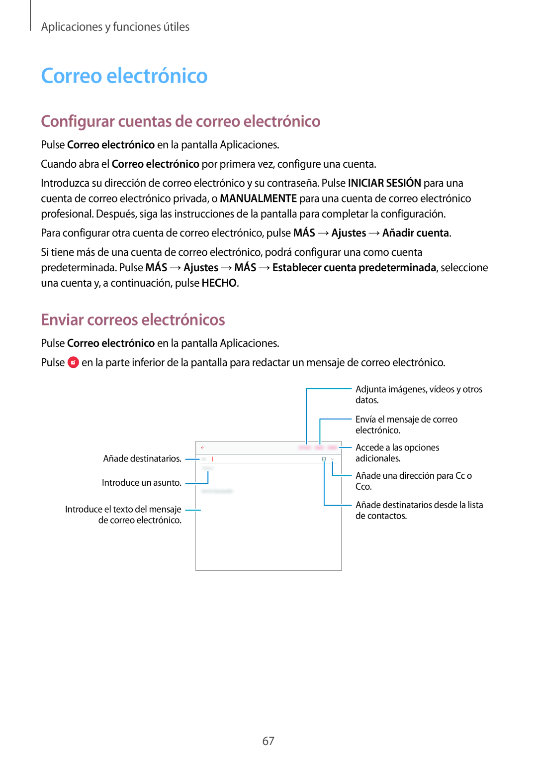 Samsung SM-T550NZWAPHE manual Correo electrónico, Configurar cuentas de correo electrónico, Enviar correos electrónicos 