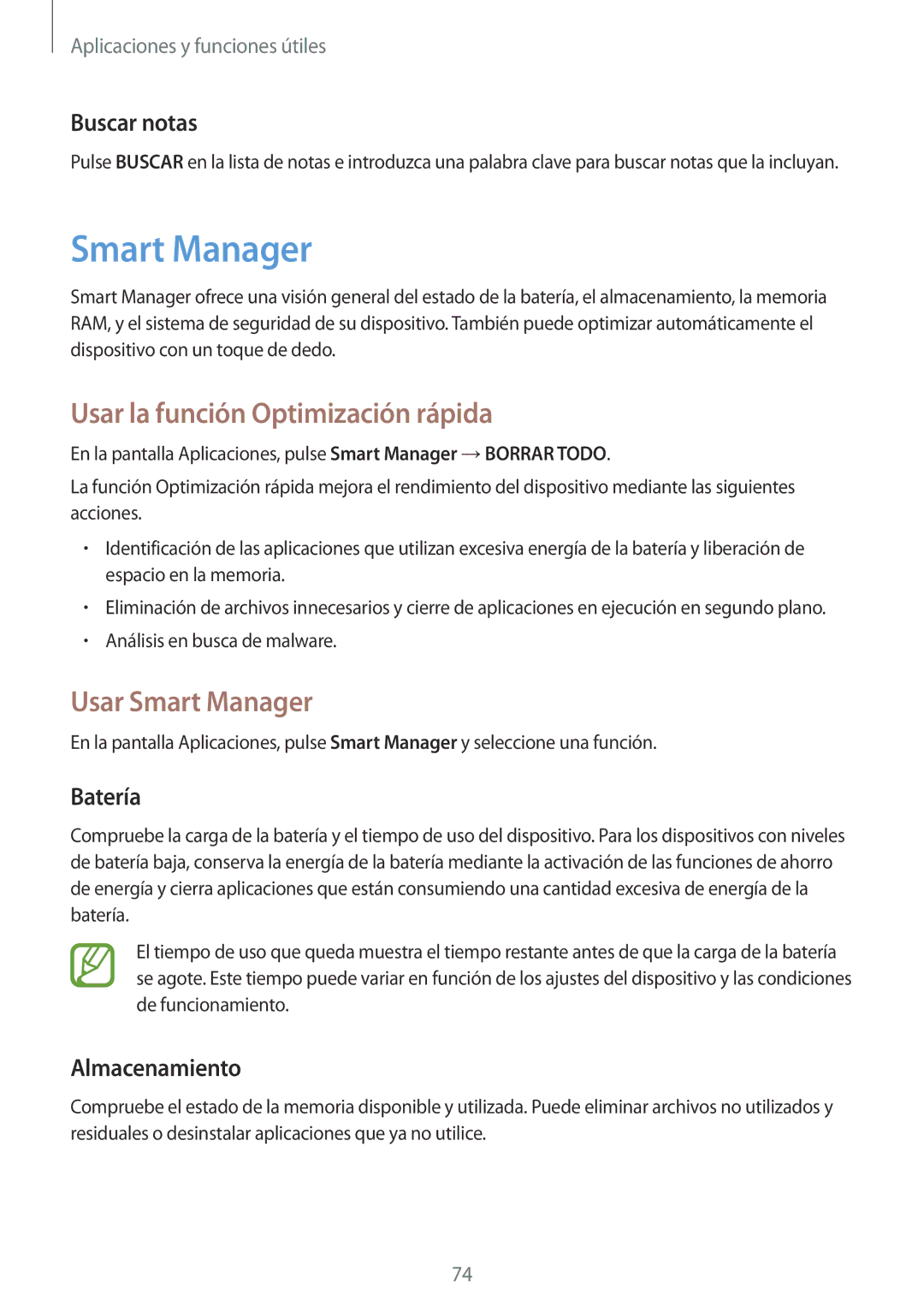 Samsung SM-P550NZWAPHE, SM-T550NZKAPHE, SM-T550NZWAPHE manual Usar la función Optimización rápida, Usar Smart Manager 