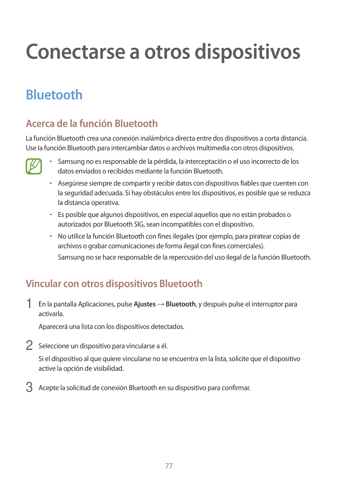 Samsung SM-P550NZWAPHE, SM-T550NZKAPHE manual Acerca de la función Bluetooth, Vincular con otros dispositivos Bluetooth 