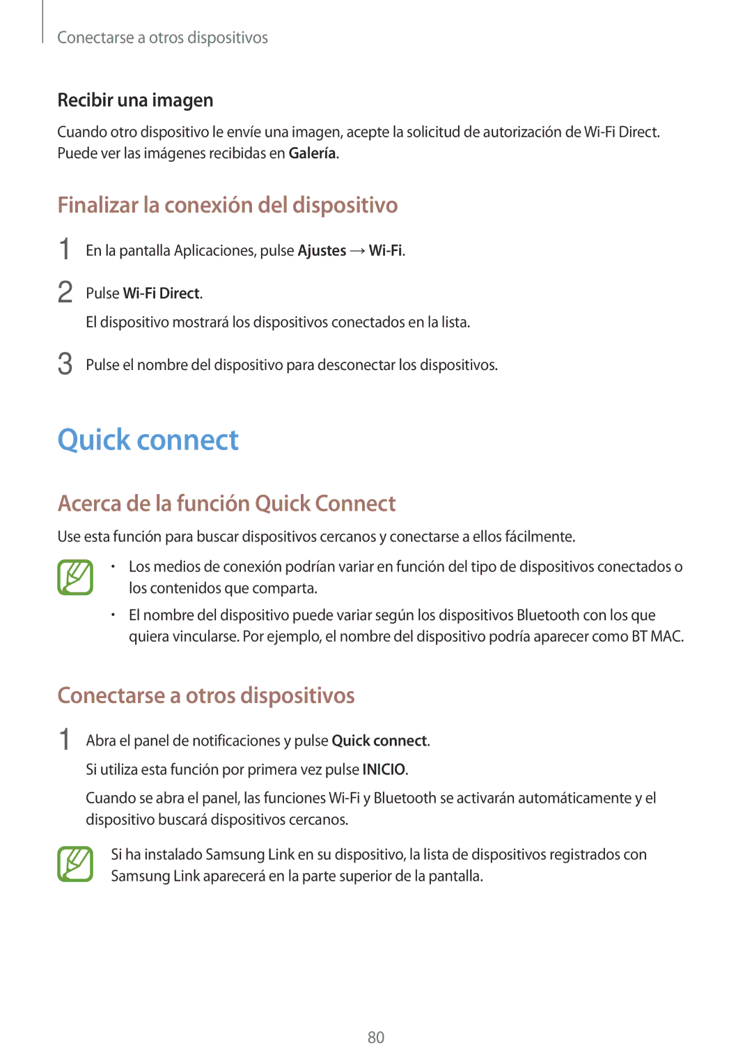 Samsung SM-P550NZWAPHE manual Quick connect, Finalizar la conexión del dispositivo, Acerca de la función Quick Connect 