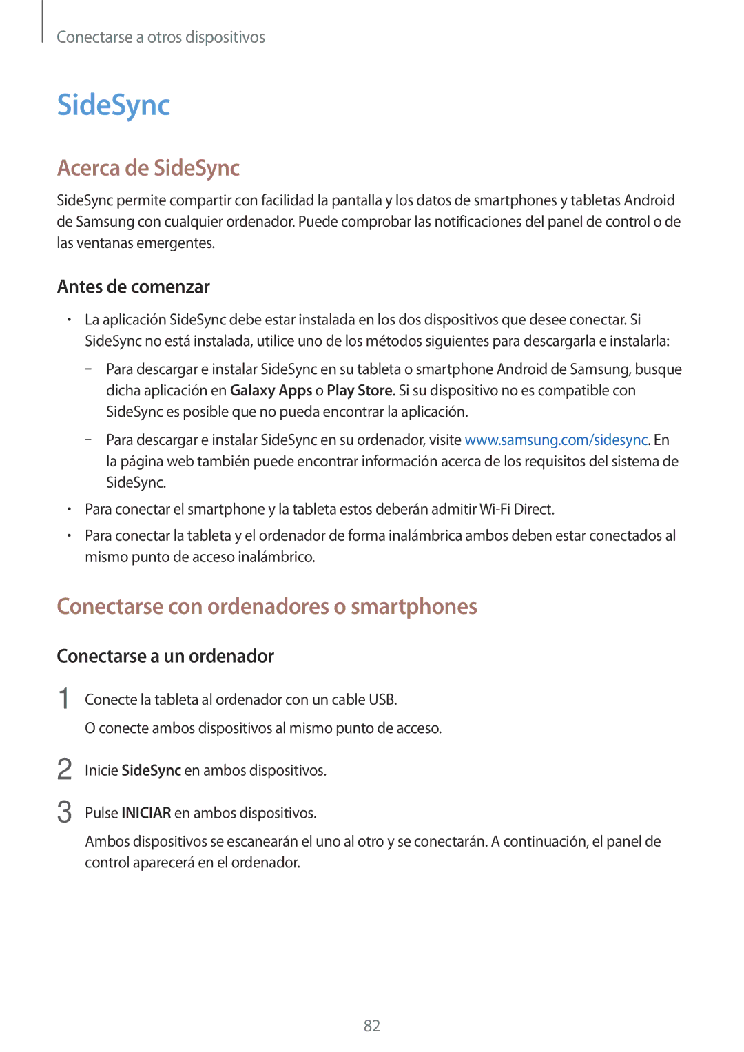 Samsung SM-T550NZWAPHE, SM-T550NZKAPHE Acerca de SideSync, Conectarse con ordenadores o smartphones, Antes de comenzar 