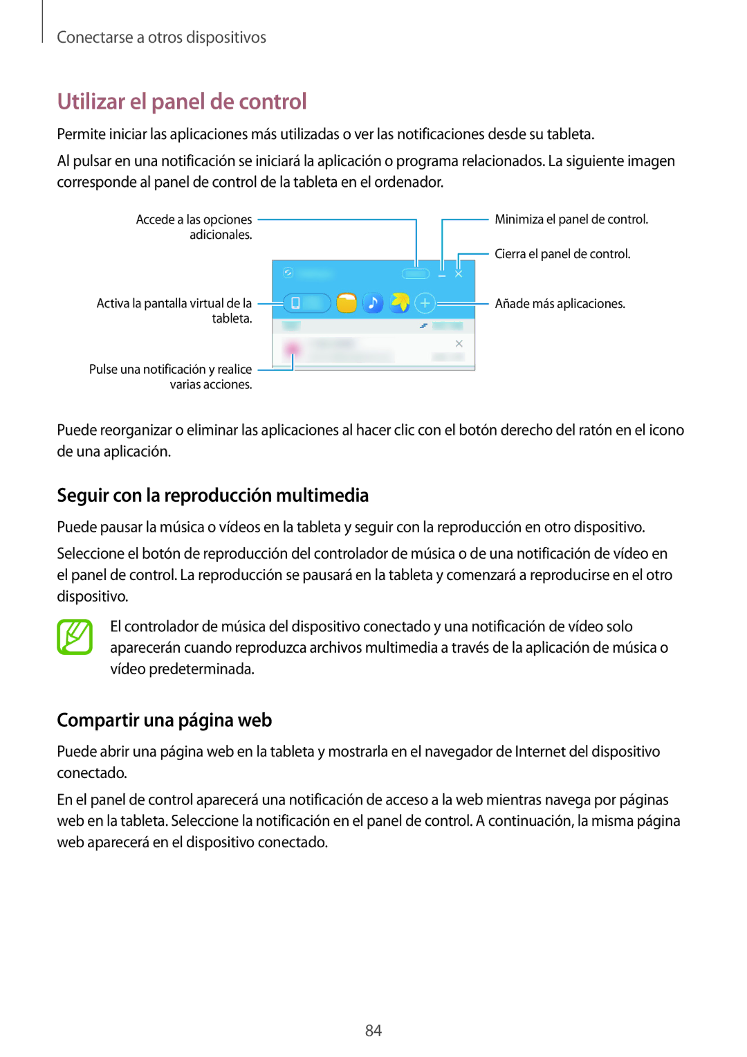 Samsung SM-T550NZKAPHE manual Utilizar el panel de control, Seguir con la reproducción multimedia, Compartir una página web 