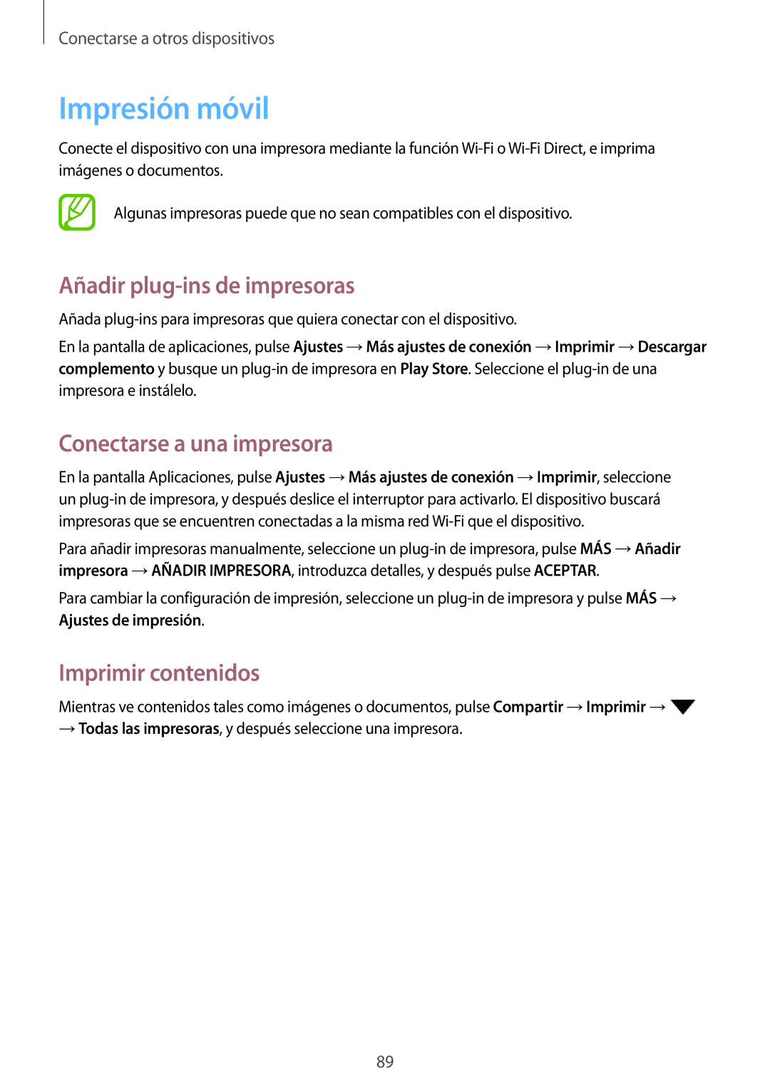 Samsung SM-P550NZWAPHE Impresión móvil, Añadir plug-ins de impresoras, Conectarse a una impresora, Imprimir contenidos 