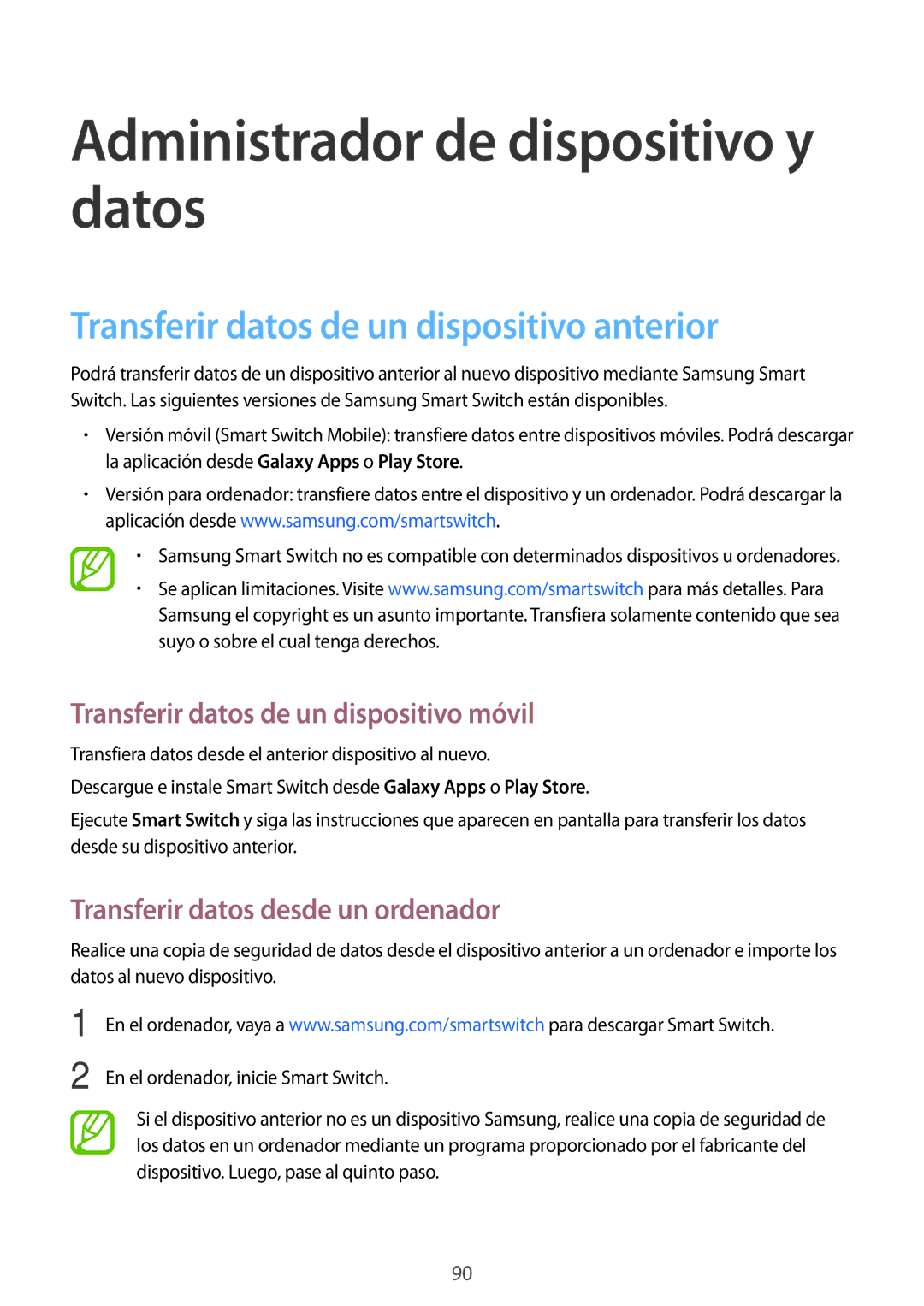 Samsung SM-T550NZKAPHE, SM-T550NZWAPHE Administrador de dispositivo y datos, Transferir datos de un dispositivo anterior 