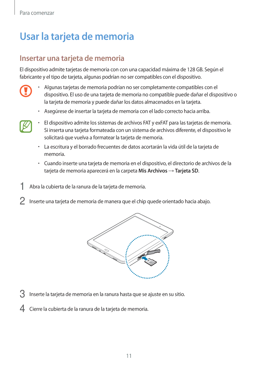 Samsung SM-T550NZWAPHE, SM-T550NZKAPHE manual Usar la tarjeta de memoria, Insertar una tarjeta de memoria 