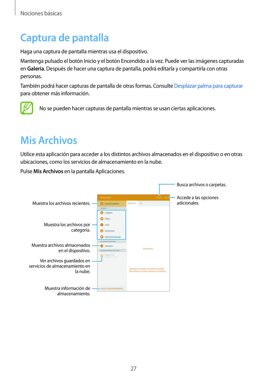 Samsung SM-T550NZWAPHE, SM-T550NZKAPHE manual Captura de pantalla, Mis Archivos 