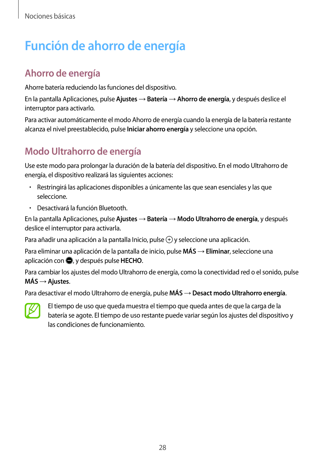 Samsung SM-T550NZKAPHE, SM-T550NZWAPHE manual Función de ahorro de energía, Ahorro de energía, Modo Ultrahorro de energía 