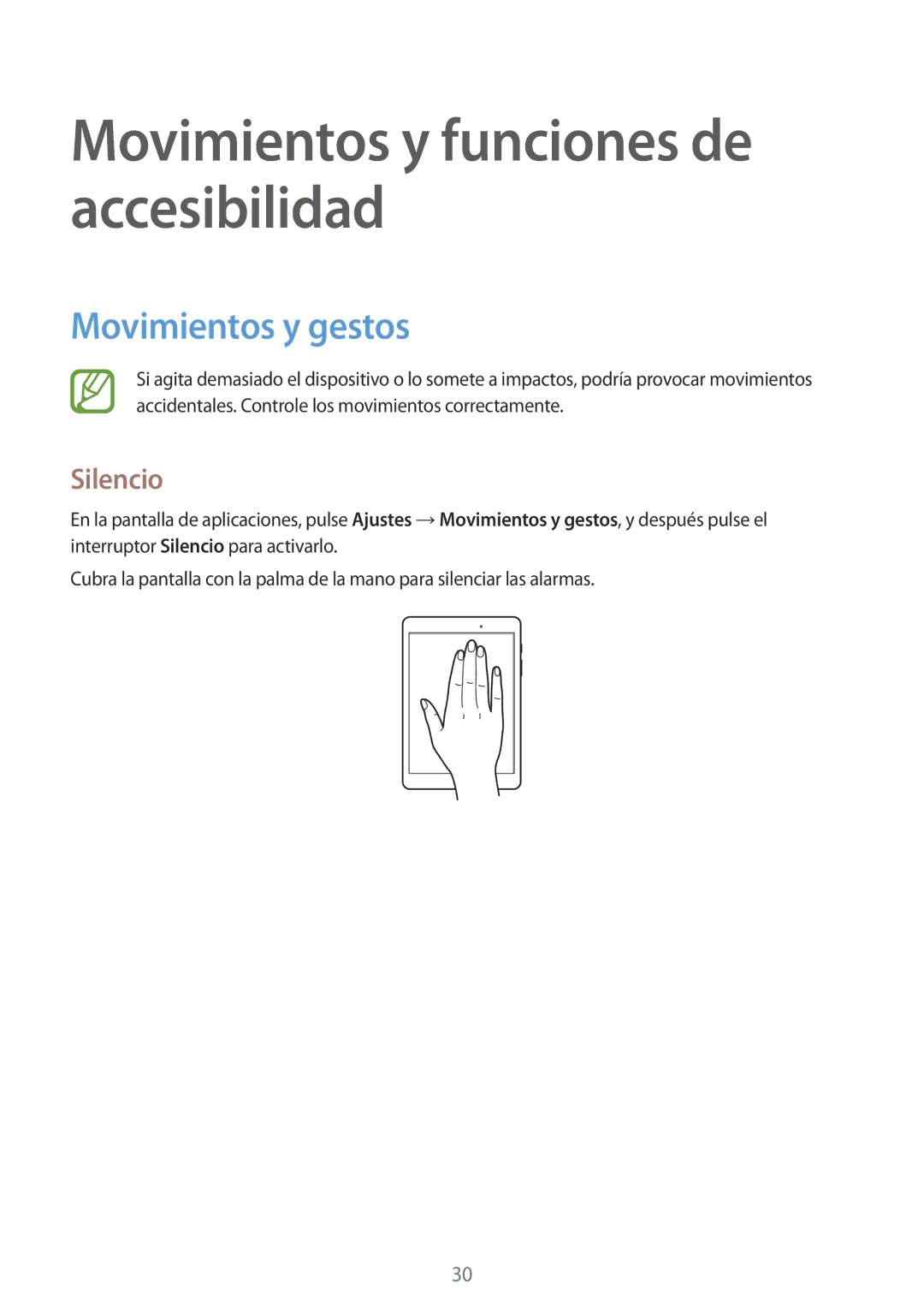 Samsung SM-T550NZKAPHE, SM-T550NZWAPHE manual Movimientos y gestos, Silencio 