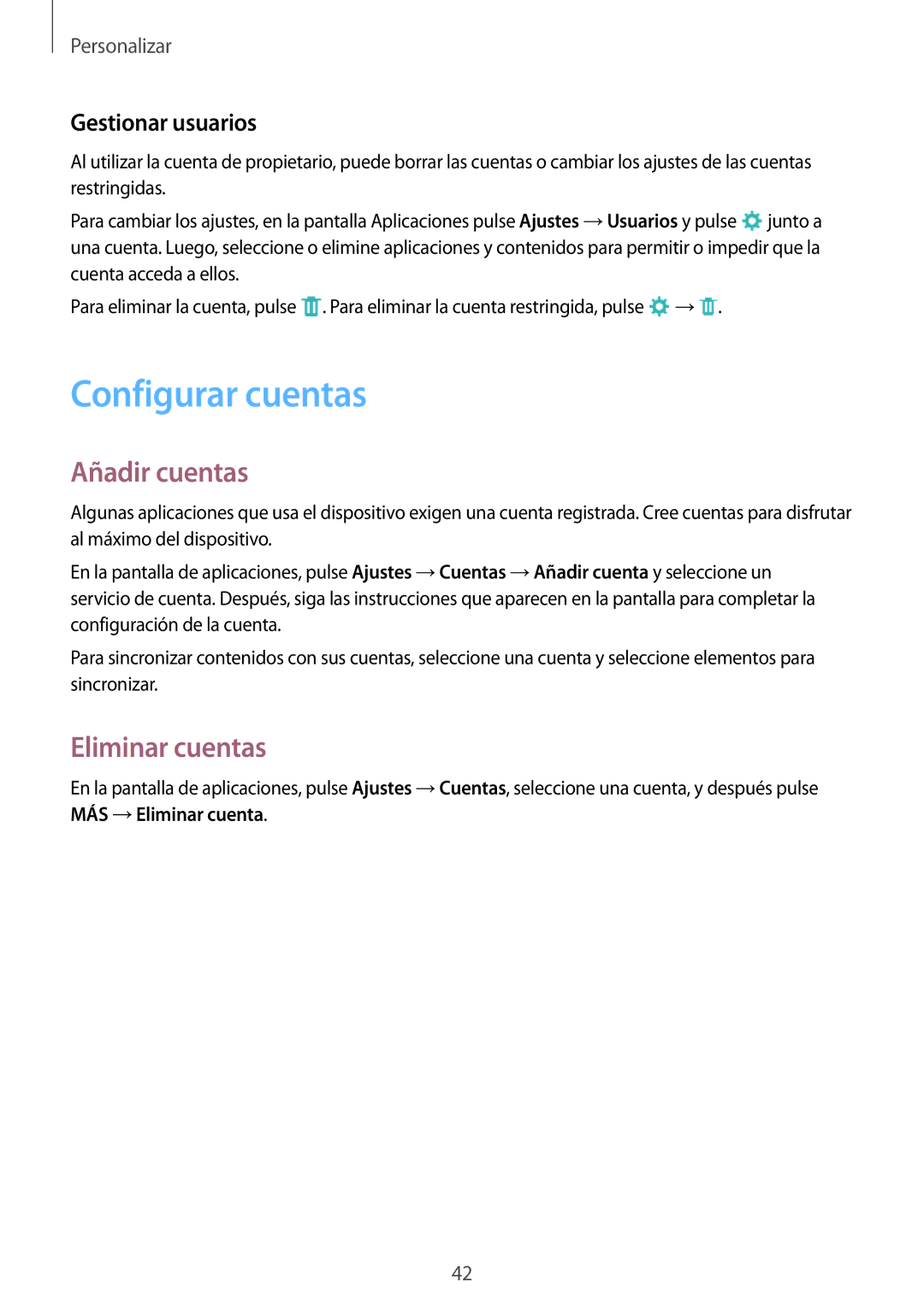 Samsung SM-T550NZKAPHE, SM-T550NZWAPHE manual Configurar cuentas, Añadir cuentas, Eliminar cuentas, Gestionar usuarios 