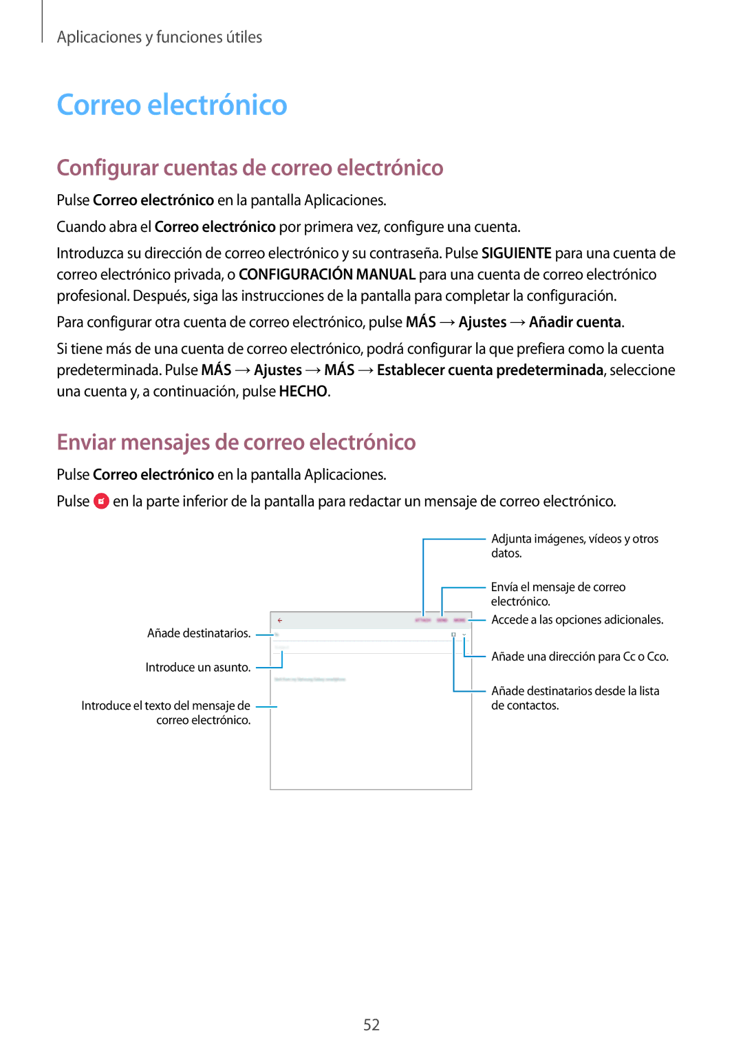 Samsung SM-T550NZKAPHE Correo electrónico, Configurar cuentas de correo electrónico, Enviar mensajes de correo electrónico 