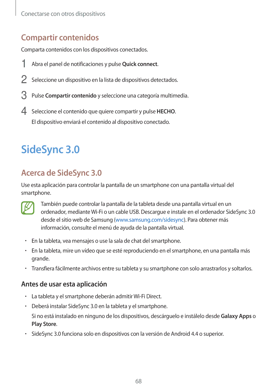 Samsung SM-T550NZKAPHE, SM-T550NZWAPHE manual Compartir contenidos, Acerca de SideSync, Antes de usar esta aplicación 